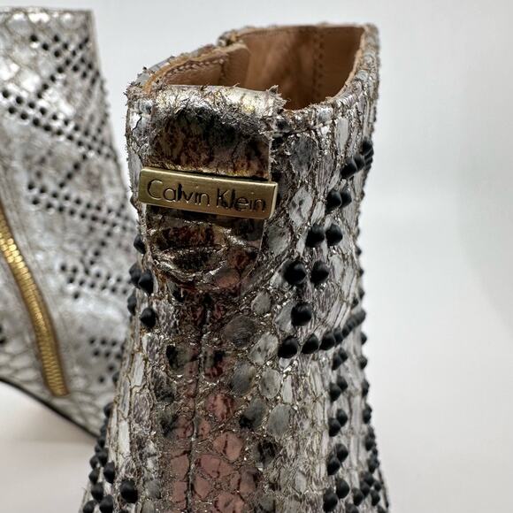 Calvin Klein 'Jamine' Studded Booties/Heels 34E2666 Zip-Up Women's US 7.5 Silver - Picture 7 of 11
